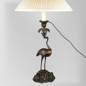 Lampe en bronze Grue japonaise Ere Meiji (1868-1912)