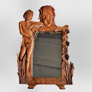 Miroir en bois sculpté Art populaire Bacchus et le lion