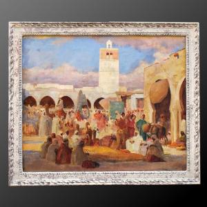 Léon Charles Canniccioni Orientalist Painting 1935 Lively Square In North Africa