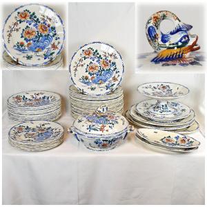 Gien Earthenware Service Rooster And Peonies 46 Pieces