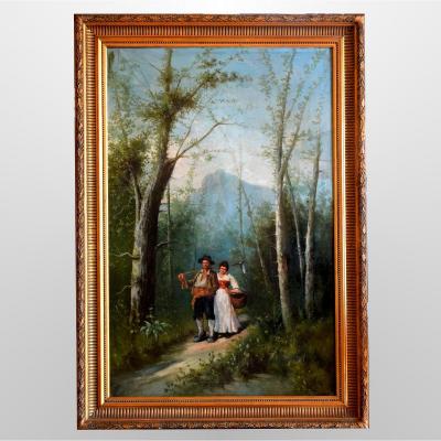 XIXth Century Italian Painting Couple In The Forest