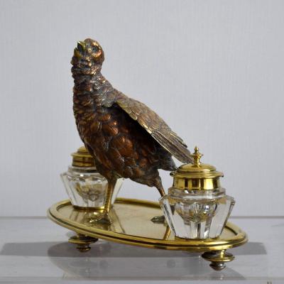 Inkwell With Partridge In Bronze Bronze And Brass Nineteenth