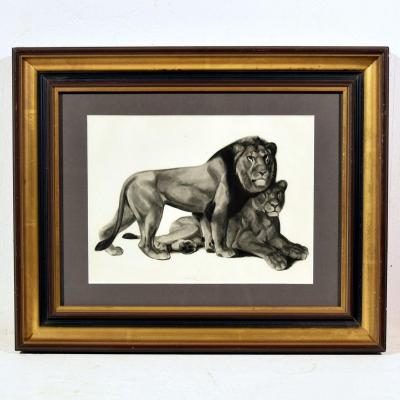 Lithograph Georges Lucien Guyot Couple Of Lions