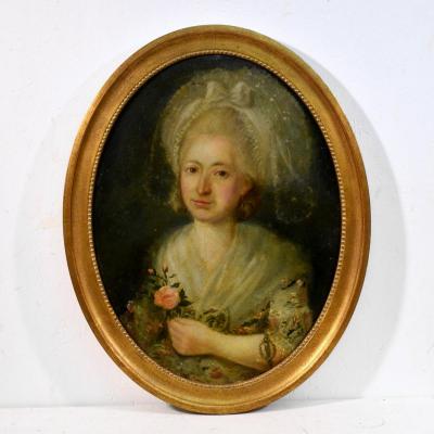 Portrait Jeune Femme à La Rose XVIIIème