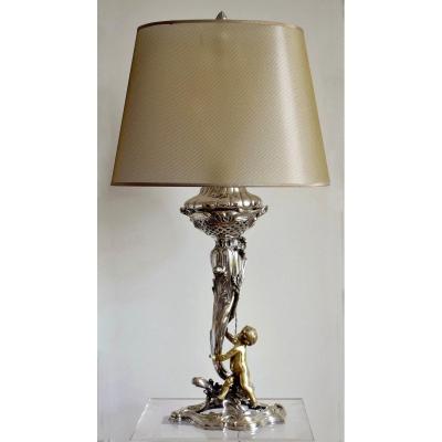 Large Silver And Gilded Bronze Lamp With Love Decoration H. 83 Cm