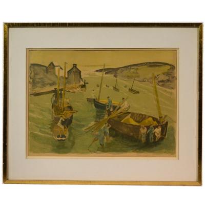 Lithograph "harbour Breton Animated" By Pierre-eugène Clairin