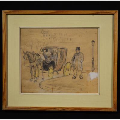 Drawing Pastel Check Fiacre De Paris 1910