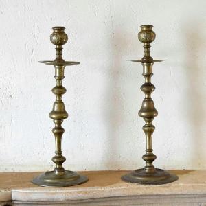 Large Pair Of 17th Century Flanders Bronze Candlesticks