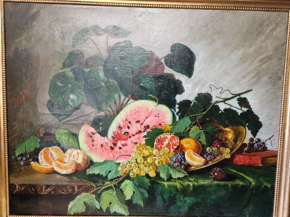 Still Life On An Entablement Signed L Vollen 19th Century-photo-2