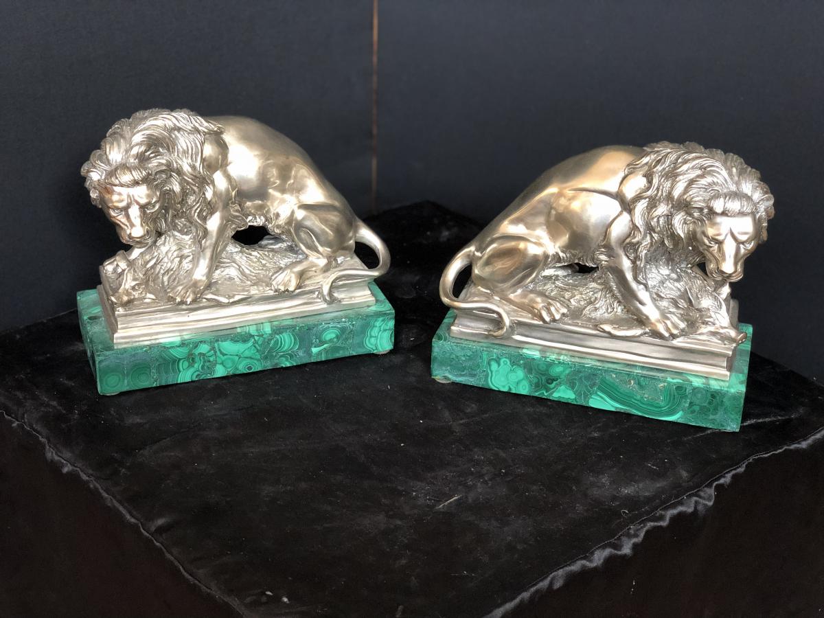 Silver Bronze Lion Couple With Malachite Base