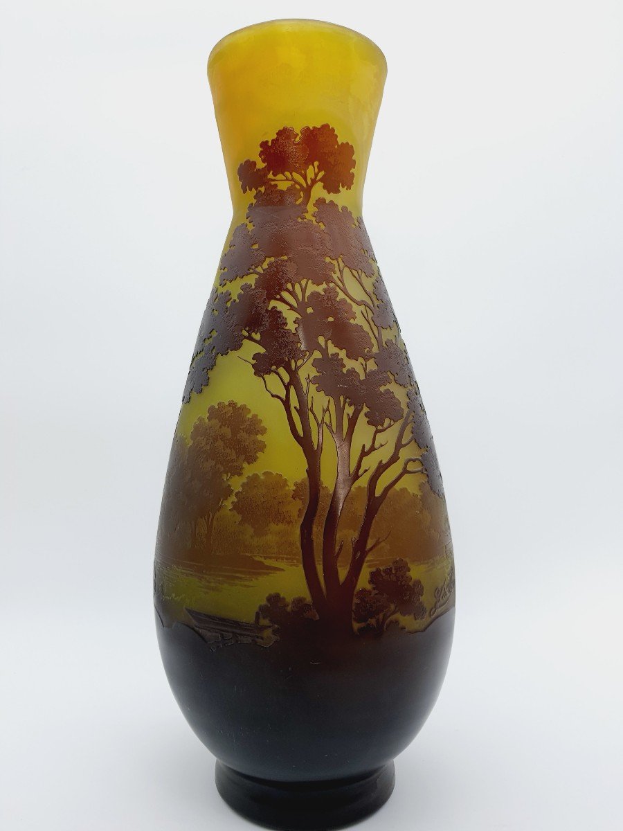 Vase Gallé Paysage Lacustre Verre Multicouche Dégagé à l'Acide -photo-2