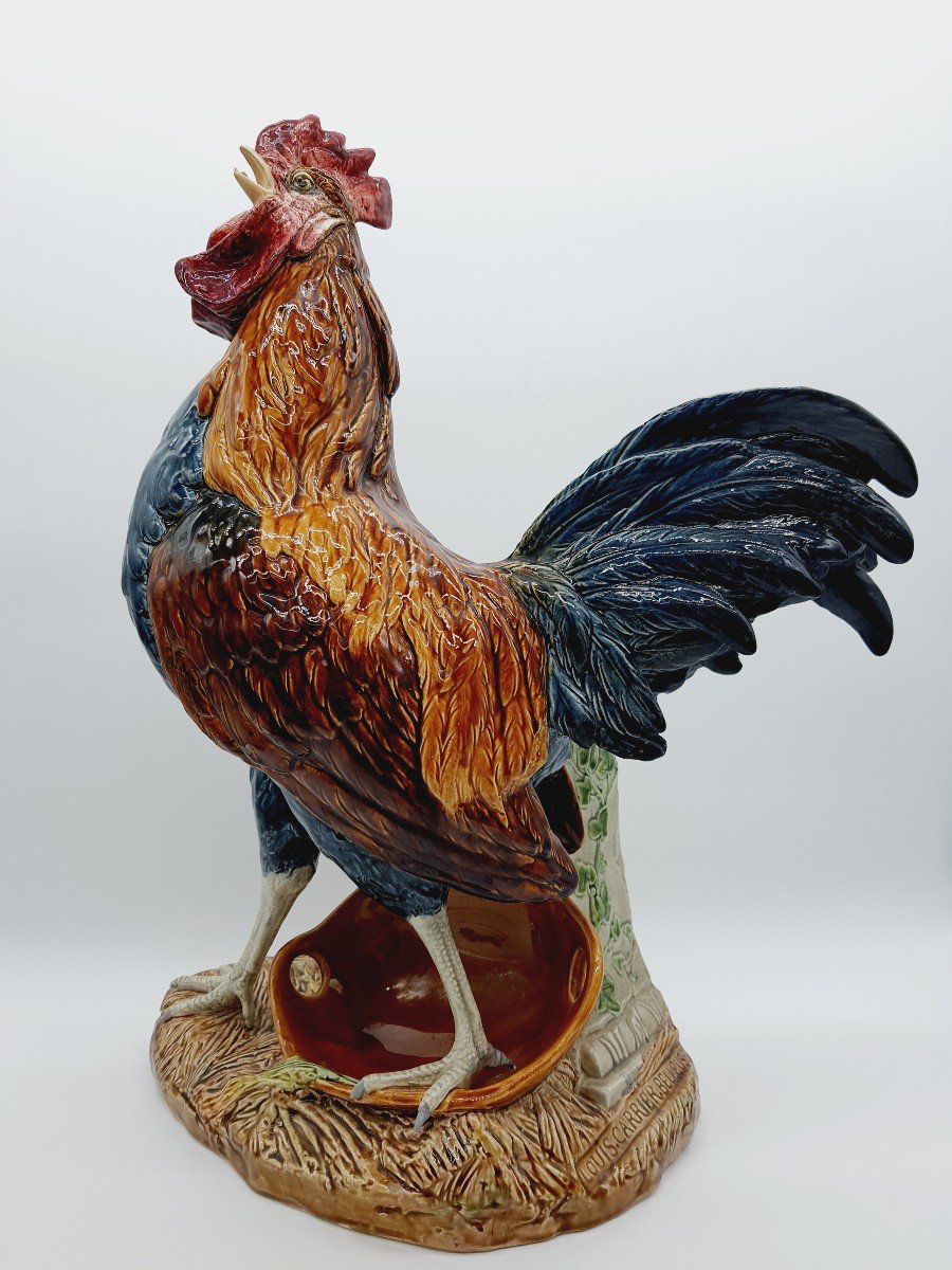 Important Rooster In Enameled Barbotine Choisy Le Roy Signed Carrier Belleuse Forming Flower Girl