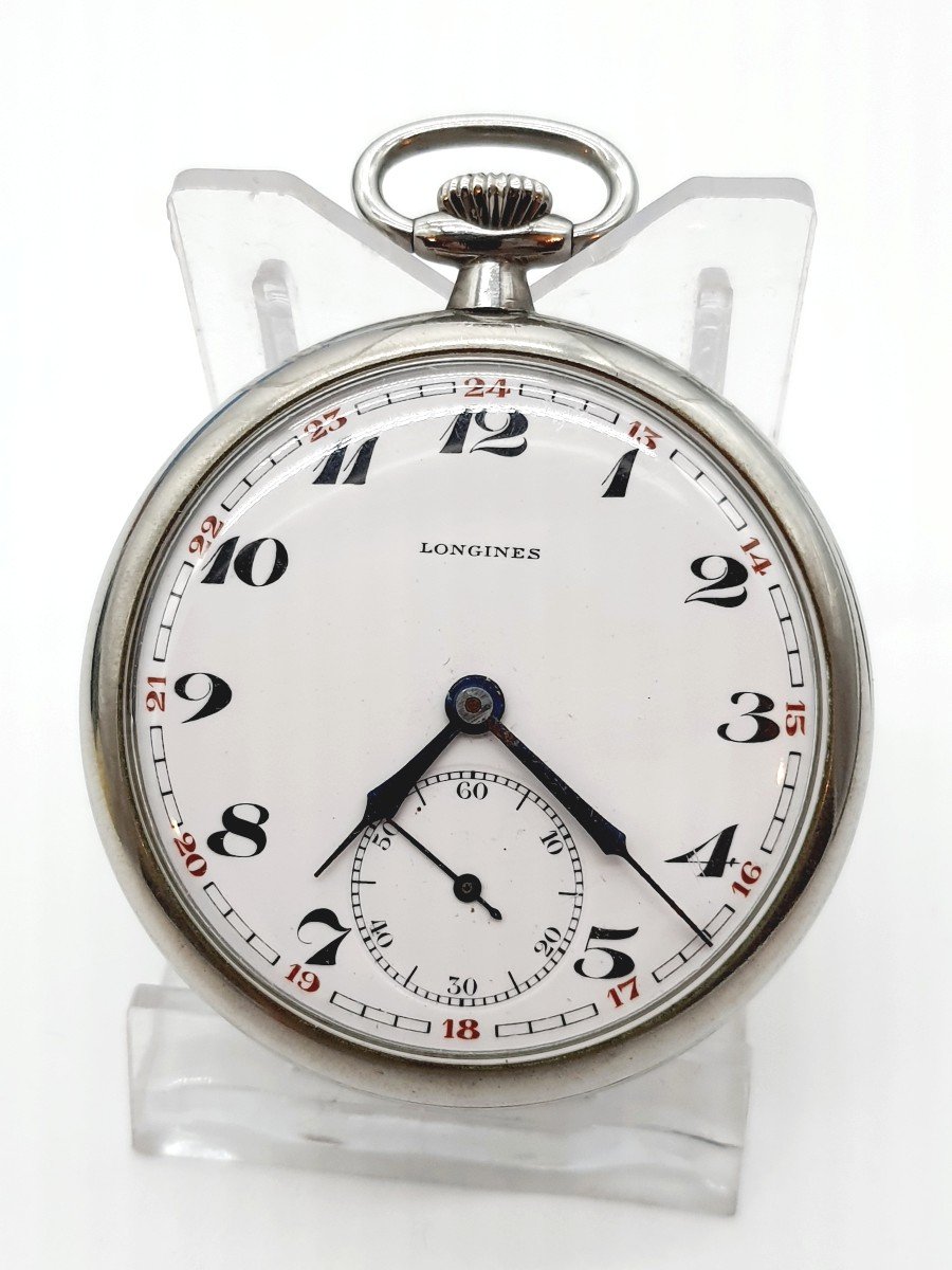 Longines, Steel Pocket Watch White Enameled Dial Arabic Numerals