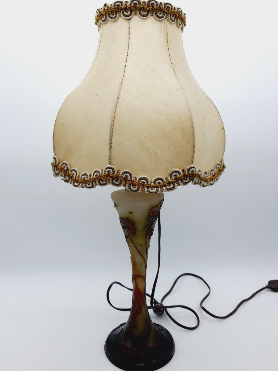Gallé Lamp Base With Acid-clear Decor Up To The Shower Base, Parchment Lampshade-photo-4