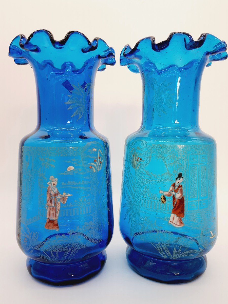 Genuine Pair Of Legras Vases Japanese Enameled Decor Late 19th Century Early 20th Century