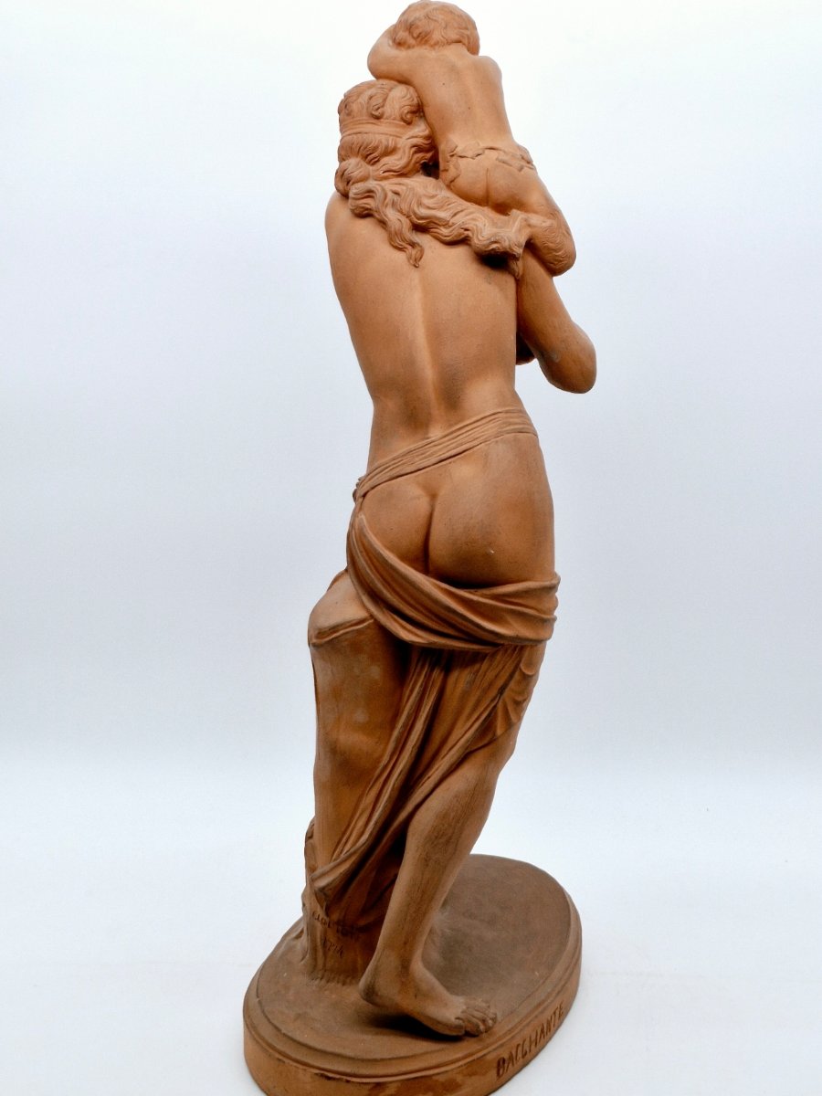 Terre Cuite d'Après Clodion (claude Michel) 1738-1814 " Bacchante Au Jeune Faune "-photo-1