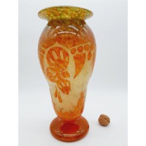 French Glass Vase Signature Au Berlingot Decor Coqueret (1919-1921)