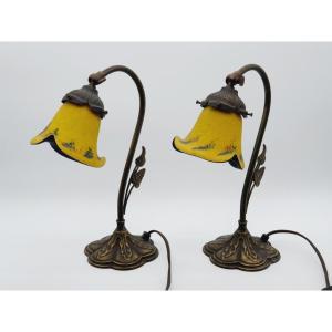 Pair Of Metal And Multilayer Glass Tulip Bedside Lamps Art De France