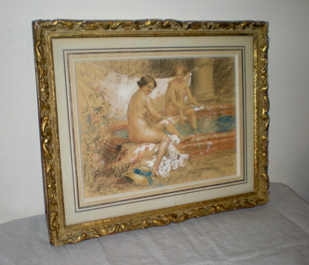 Femmes Au Bain- Technique Mixte Art Nouveau A. Calbet-photo-2