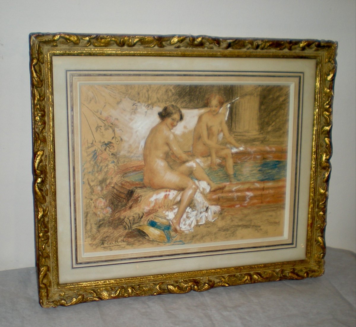 Femmes Au Bain- Technique Mixte Art Nouveau A. Calbet-photo-2