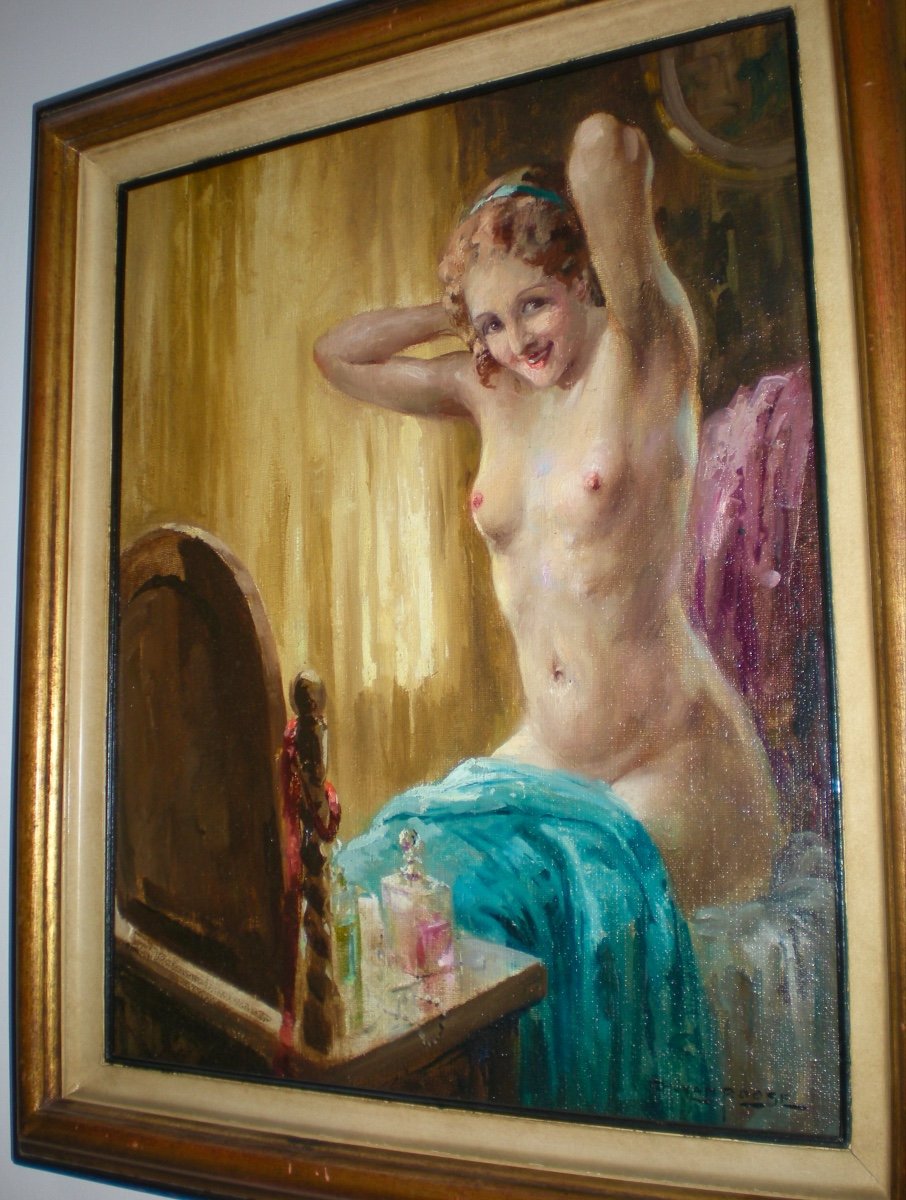 Jeune Femme à La Toilette - Huile Sur Toile Art Déco Charles Van Roose-photo-3