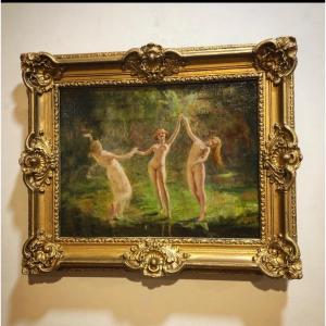 The Three Graces - Oil On Canvas Art Nouveau Jean Jacques Henner