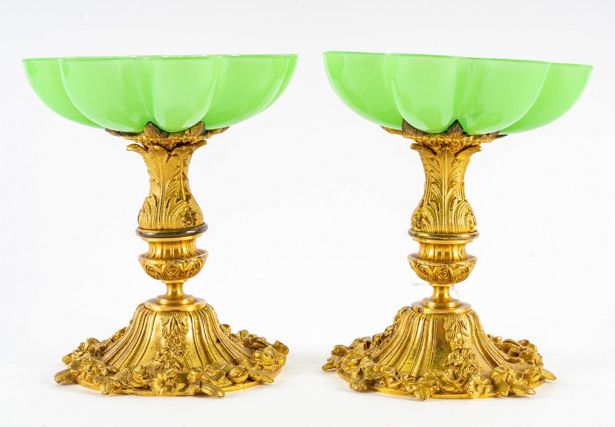 A Pair Of Charles Dix Green Opaline Cups