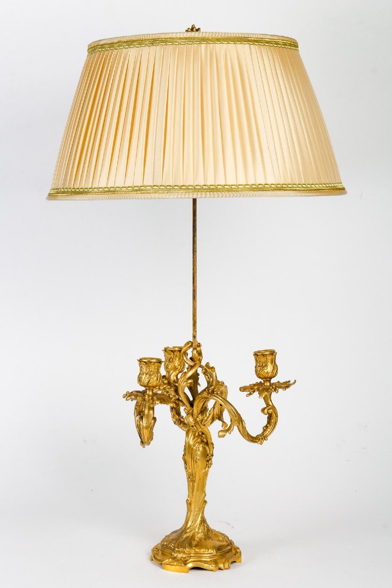 Proantic: XIXe Lampe Ecran Bronze Doré Rocaille Circa 1880