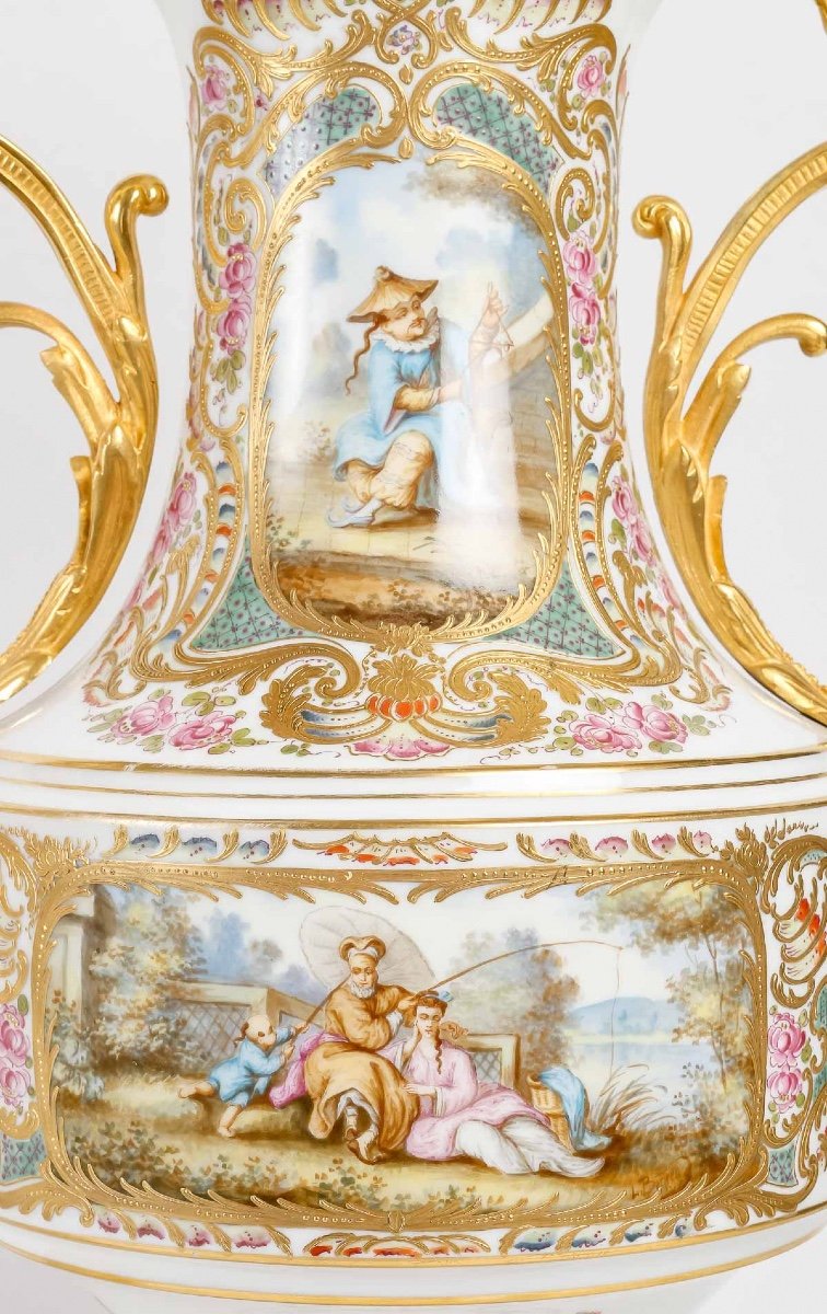 A Pair Of Porcelain Vases And Gilt Bronze Ornamentation 19th Century-photo-3