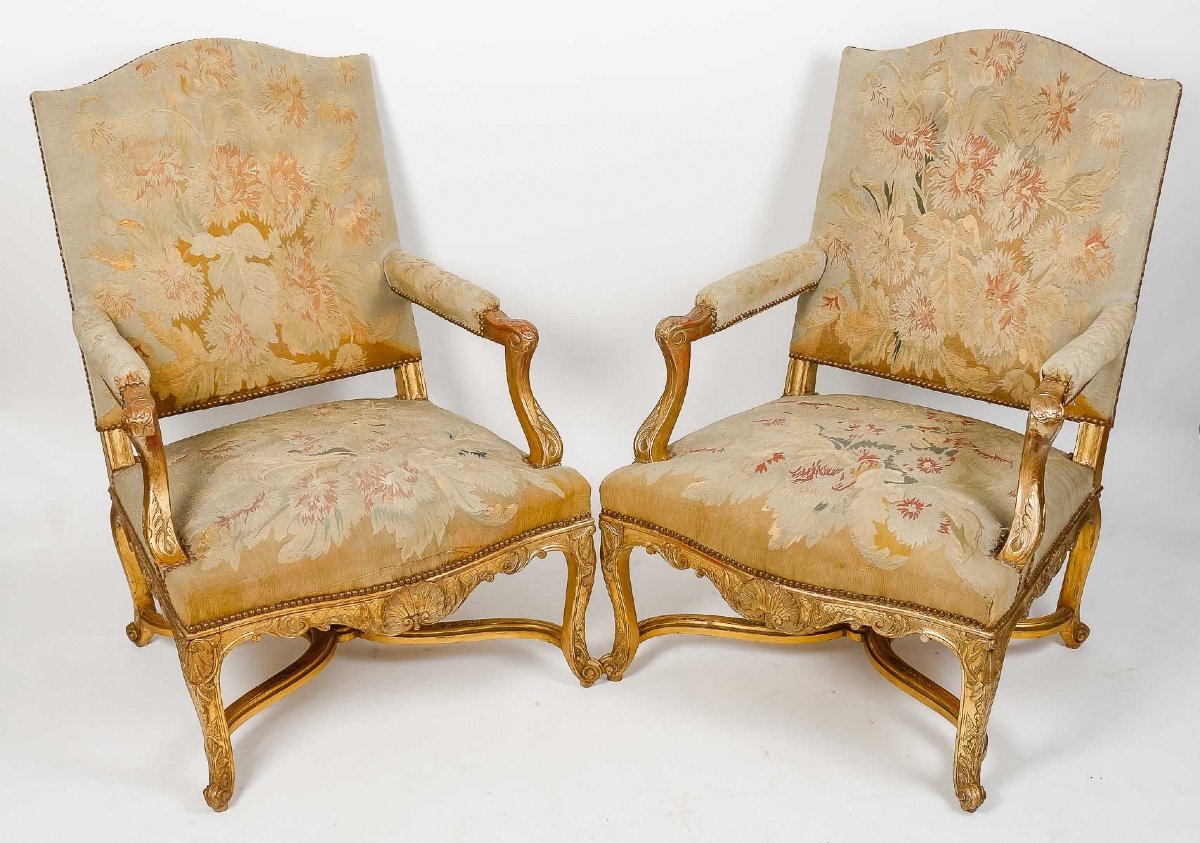 Pair Of Large Louis XIV Style Aubusson Armchairs In Gilded Wood, Circa 1880-photo-2