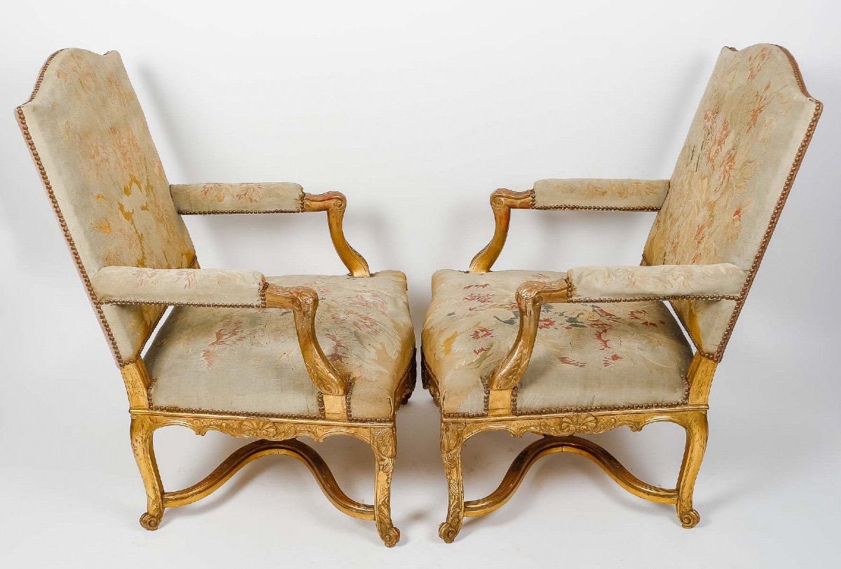 Pair Of Large Louis XIV Style Aubusson Armchairs In Gilded Wood, Circa 1880-photo-3