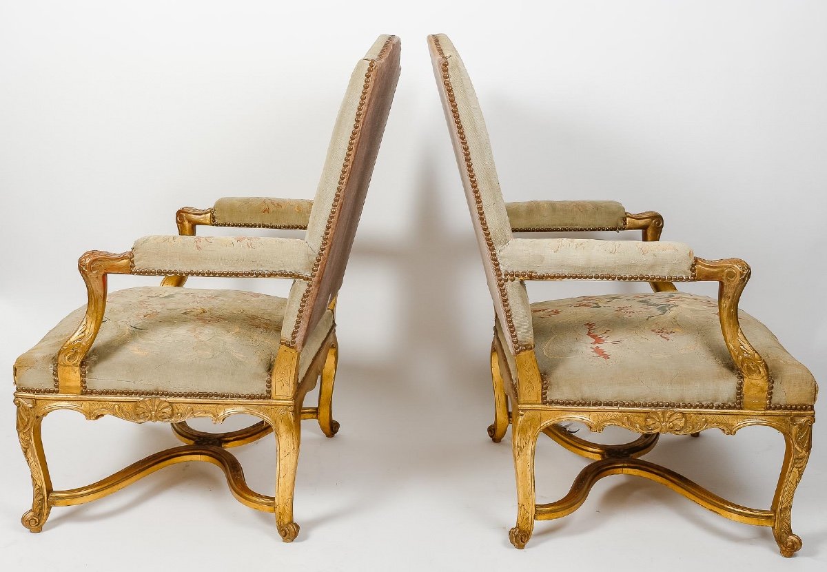 Pair Of Large Louis XIV Style Aubusson Armchairs In Gilded Wood, Circa 1880-photo-1