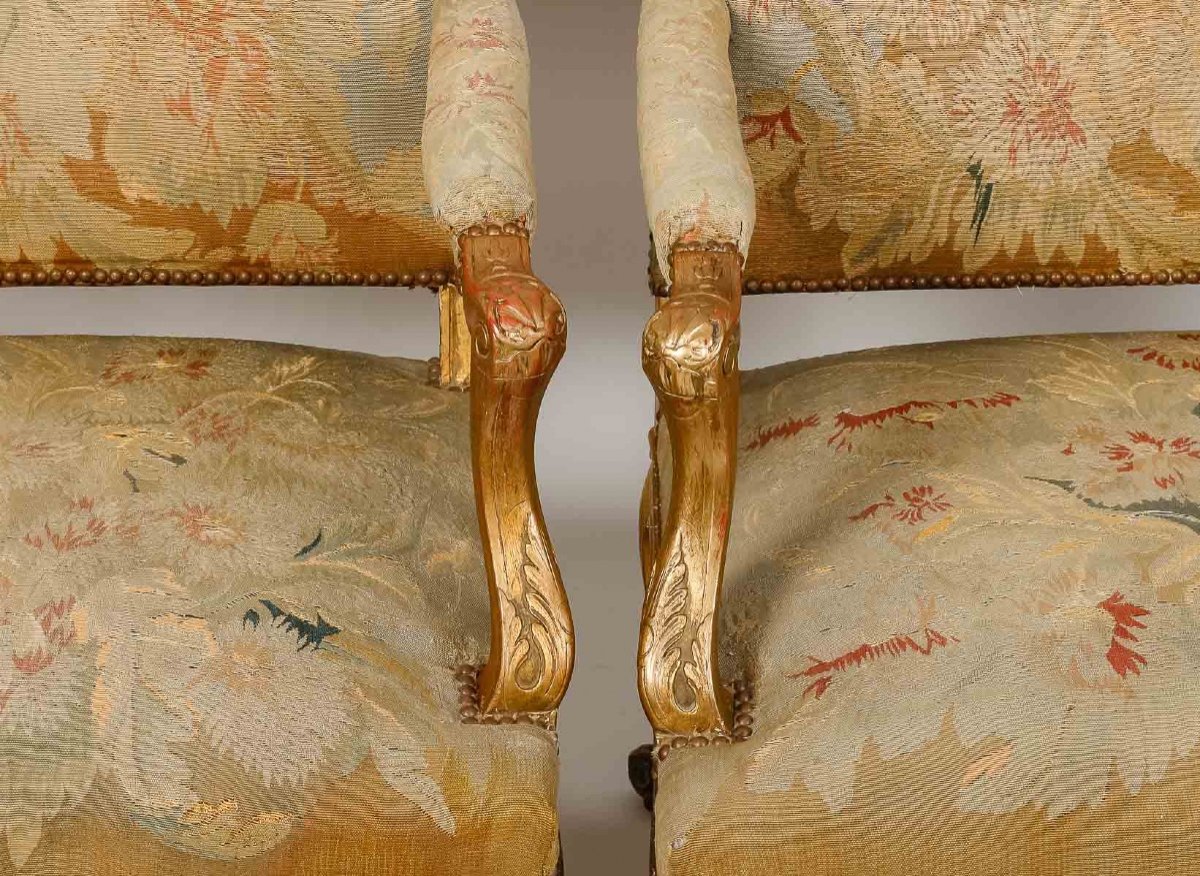 Pair Of Large Louis XIV Style Aubusson Armchairs In Gilded Wood, Circa 1880-photo-2