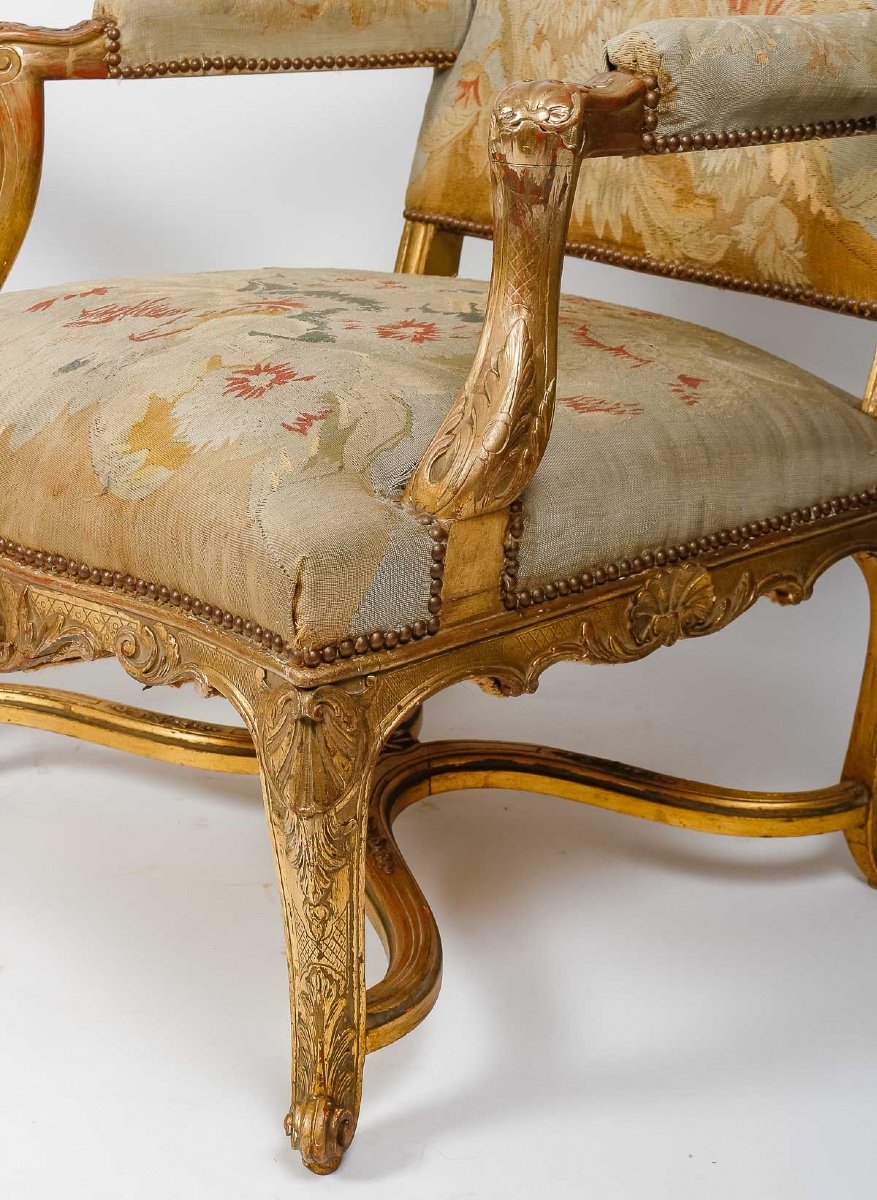 Pair Of Large Louis XIV Style Aubusson Armchairs In Gilded Wood, Circa 1880-photo-6