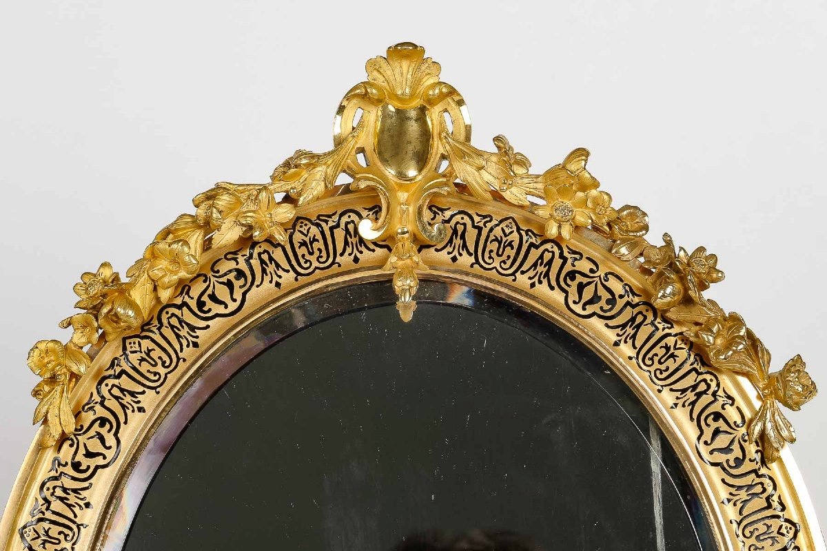 Miroir De Table En Bronze Doré Et émail Cloisonné Fin XIXème Siècle -photo-3