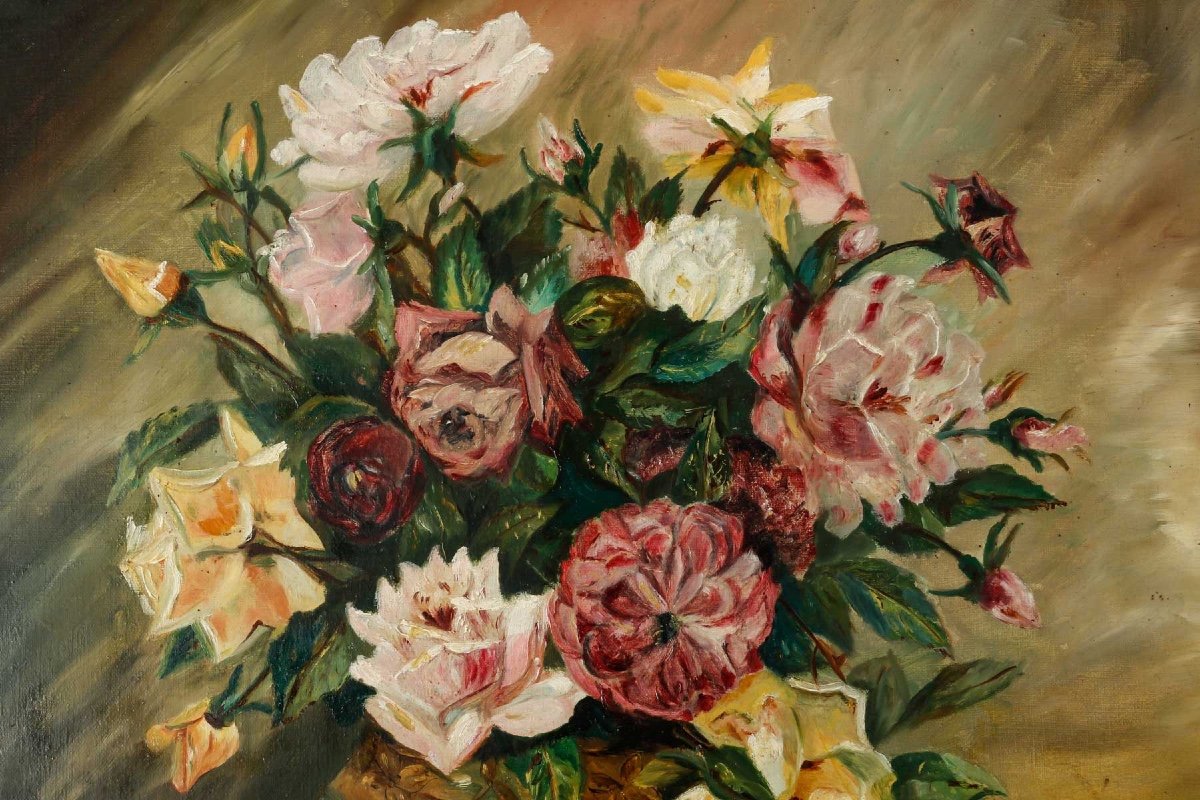 Une Paire De Tableaux Huile Sur Toile Fleurs XXème siècle -photo-4