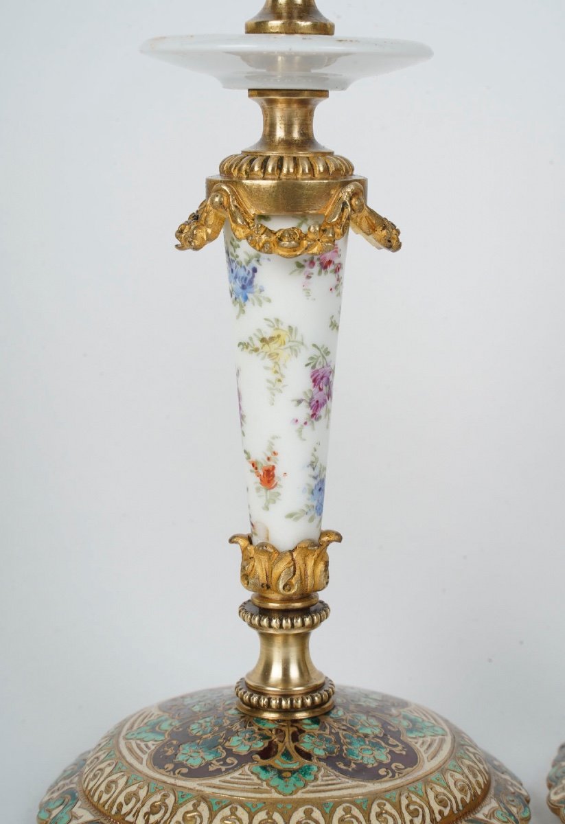 A Pair Of Cloisonne Bronze And Porcelain Candlesticks Late 19th Century -photo-4