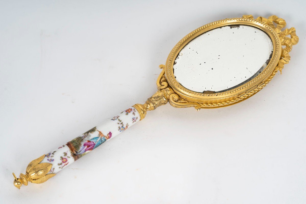 A Hand Mirror In Gilt Bronze And Porcelain Late 19th Century 
