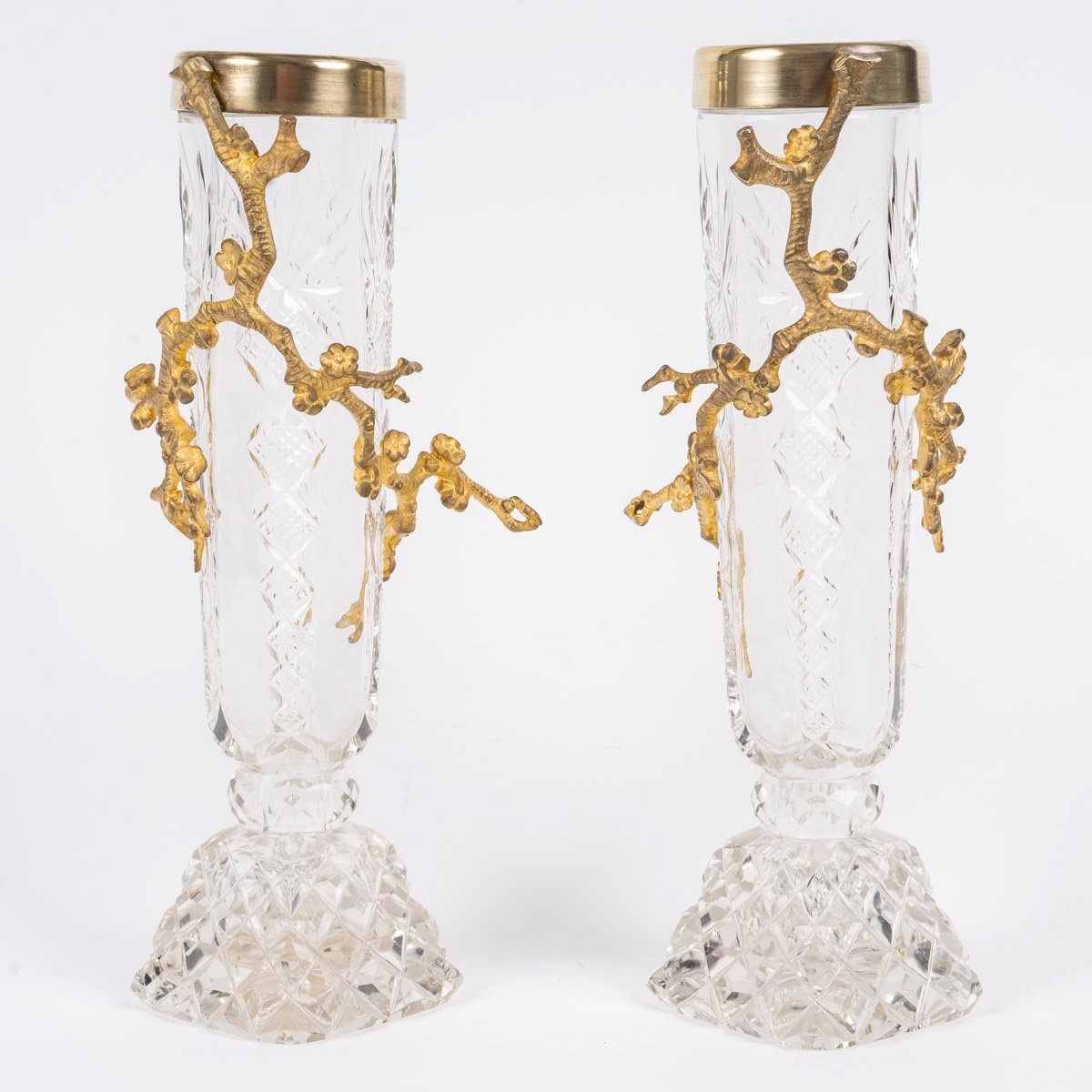 A Pair Of 20th Century Art Nouveau Crystal And Bronze Vases 