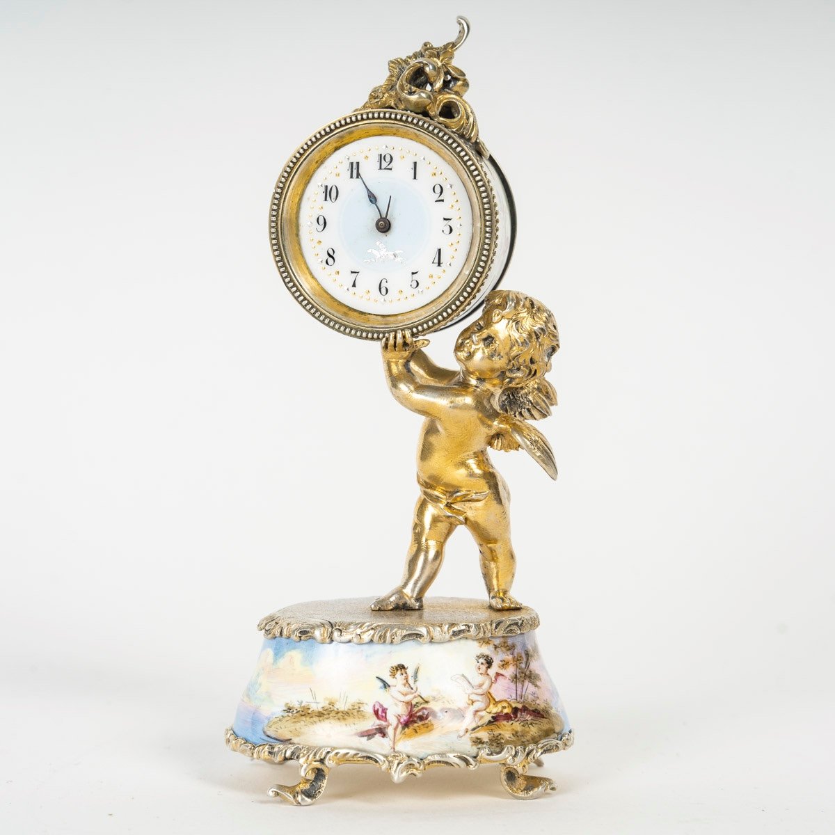 A Miniature Clock In Enamel And Solid Silver, Late 19th Century 