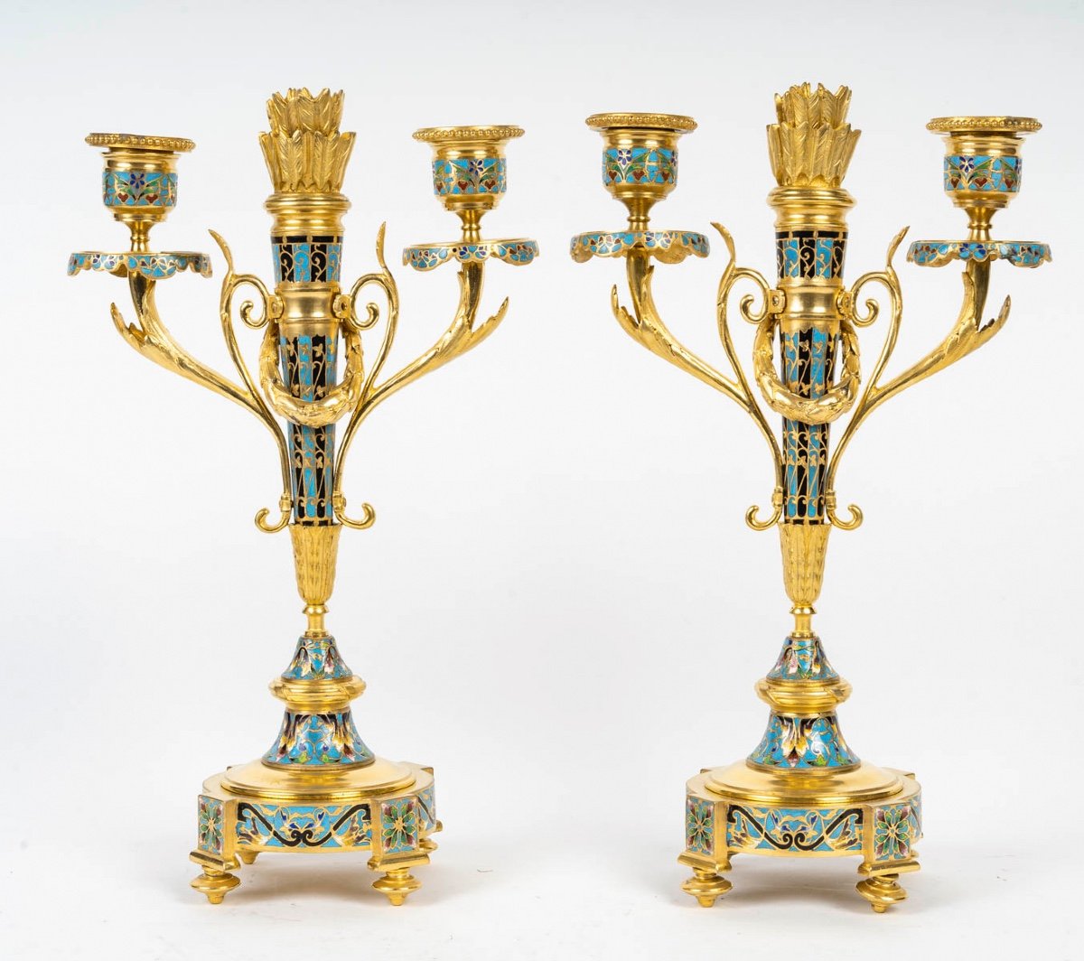 A Pair Of Gilt Bronze And Cloisonné Enamel Candlesticks, Circa 1880-photo-3