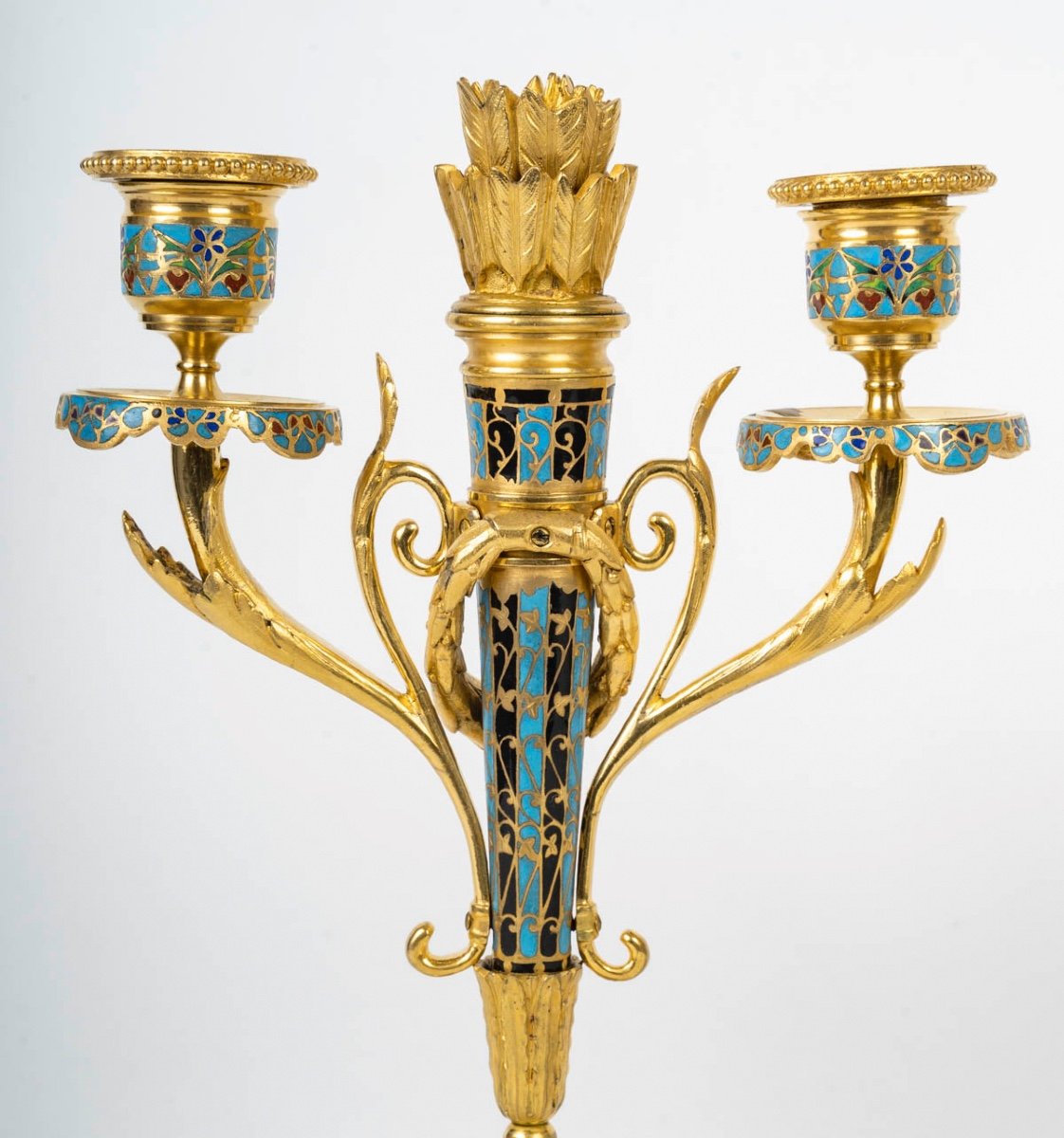 A Pair Of Gilt Bronze And Cloisonné Enamel Candlesticks, Circa 1880-photo-4