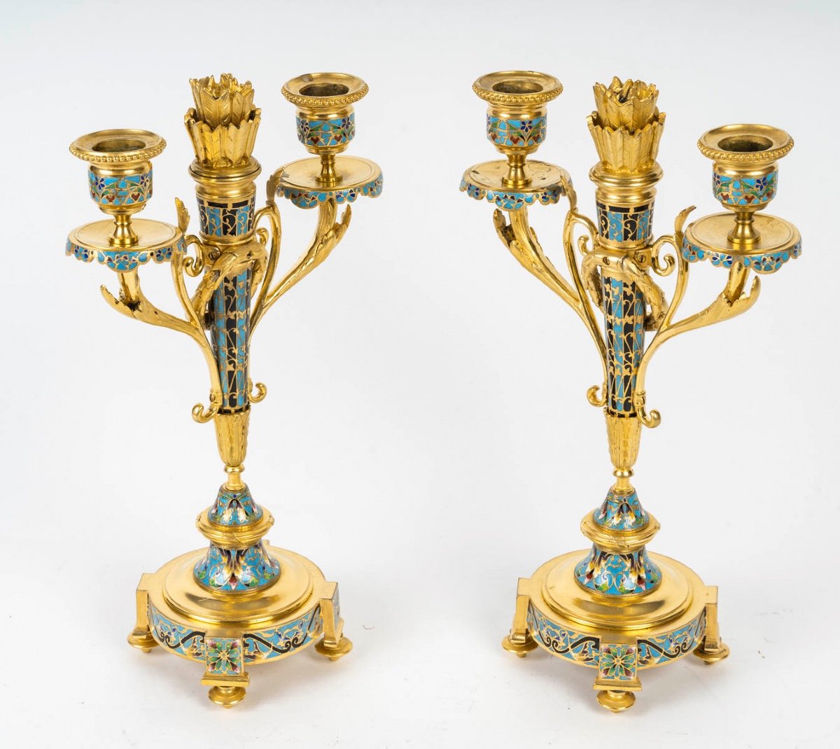 A Pair Of Gilt Bronze And Cloisonné Enamel Candlesticks, Circa 1880-photo-1