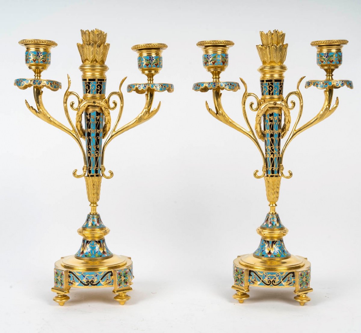 A Pair Of Gilt Bronze And Cloisonné Enamel Candlesticks, Circa 1880-photo-2