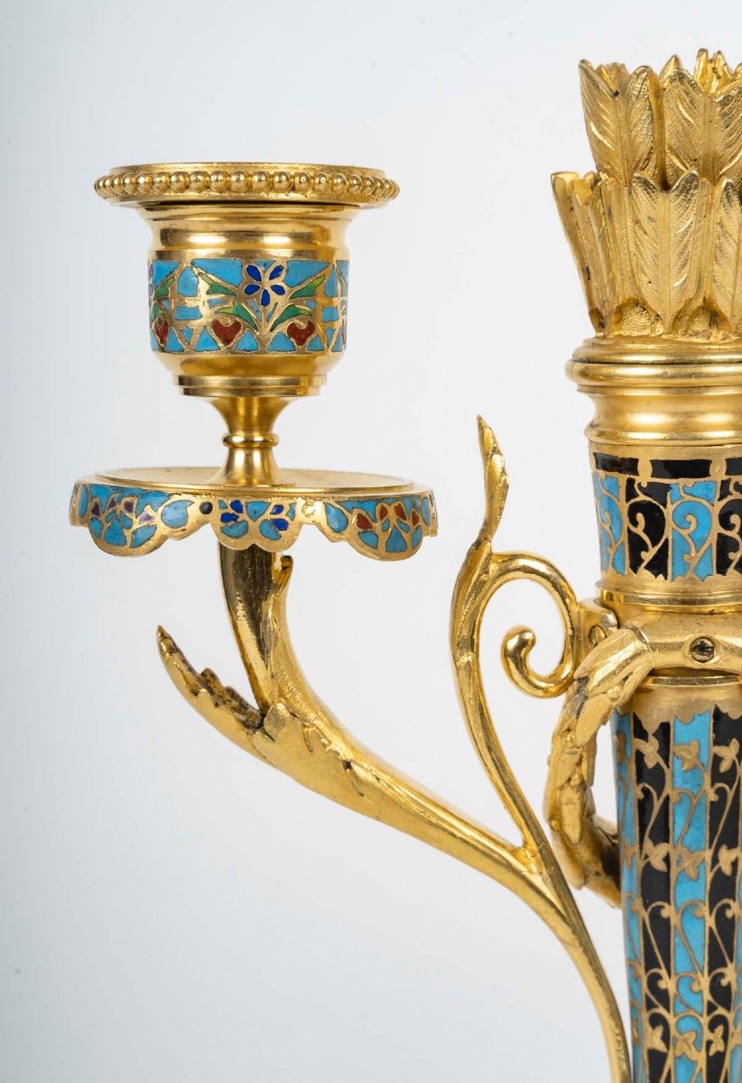 A Pair Of Gilt Bronze And Cloisonné Enamel Candlesticks, Circa 1880-photo-4