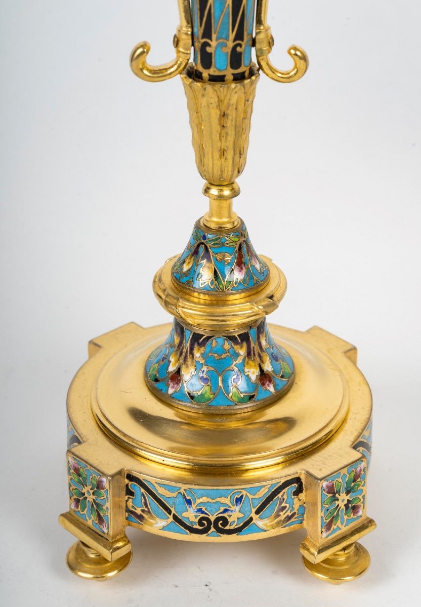 A Pair Of Gilt Bronze And Cloisonné Enamel Candlesticks, Circa 1880-photo-5