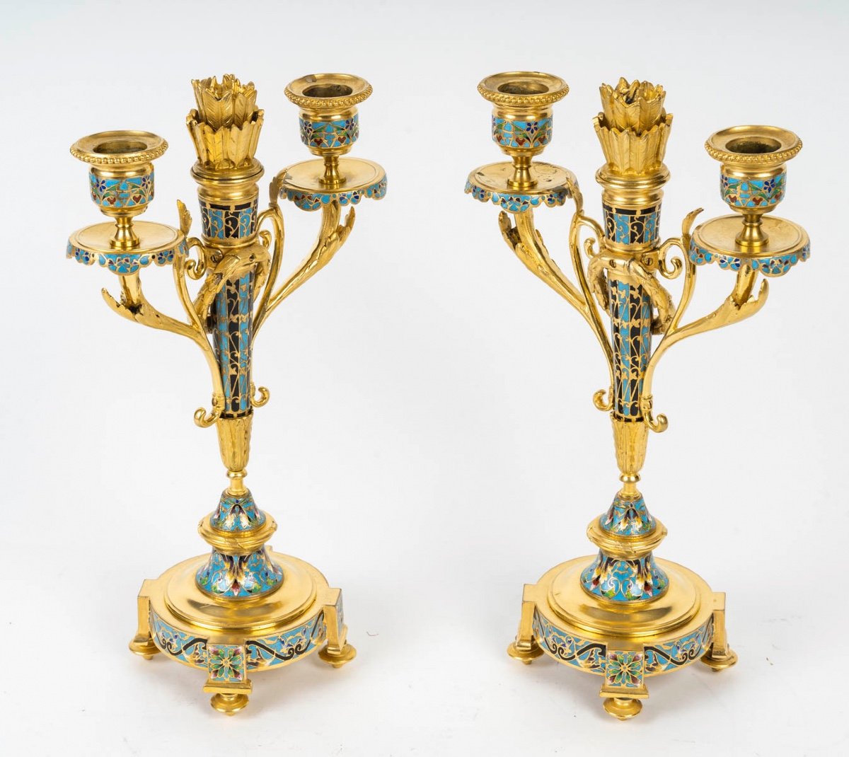 A Pair Of Gilt Bronze And Cloisonné Enamel Candlesticks, Circa 1880