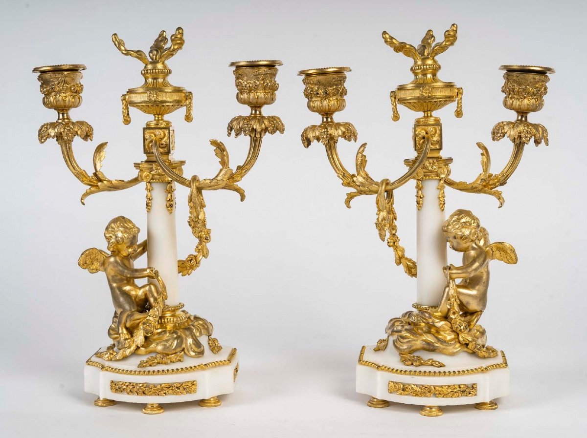 Une Garniture En Bronze Doré Et Marbre Blanc; XIXème Siècle -photo-3