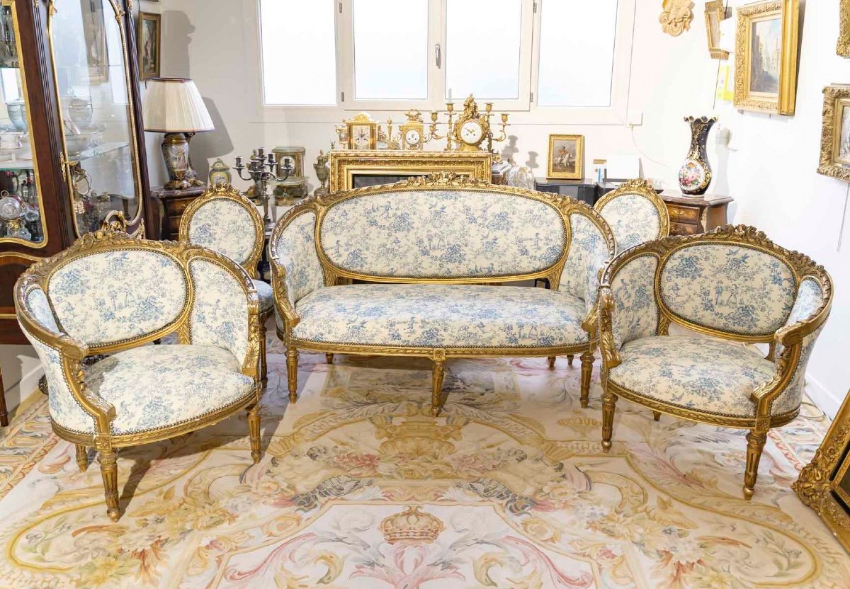 A Louis XVI Style Carved And Gilded Wooden Living Room, Late 19th Century 