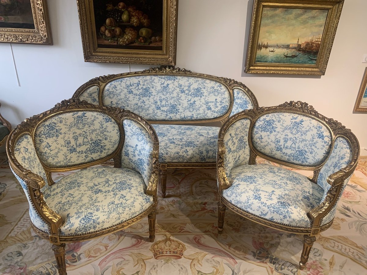 A Louis XVI Style Carved And Gilded Wooden Living Room, Late 19th Century 